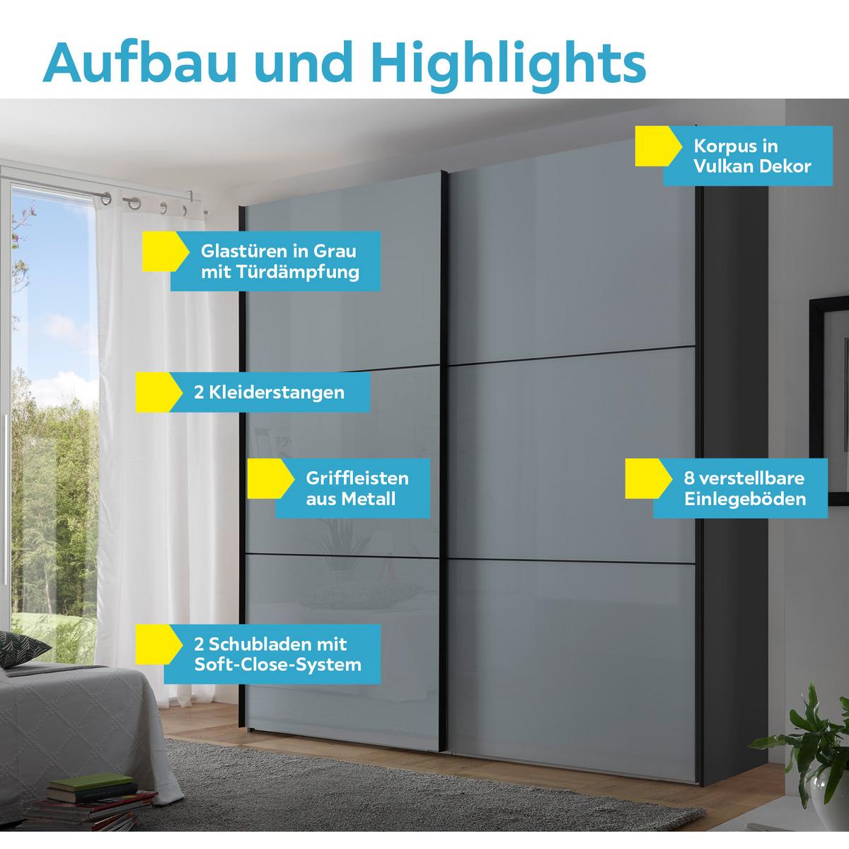 Schwebetürenschrank Glasfront 200cm Includo, Hellgrau - Dunkelgrau/Hellgrau, MODERN, Glas/Holzwerkstoff (200/222/68cm)
