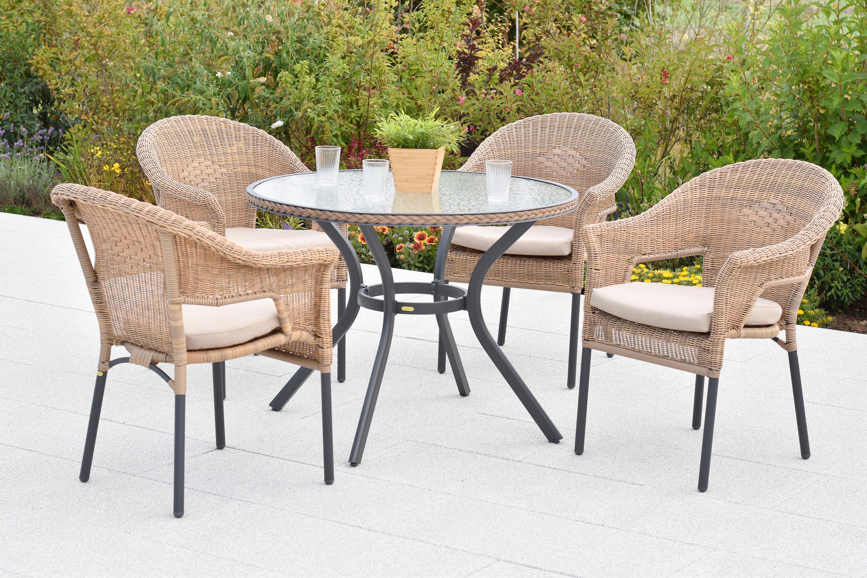 Gartentischgruppe Ravenna 5tlg. Set Inkl. Sitzkissen - Beige/Graphitfarben, KONVENTIONELL, Glas/Kunststoff - Gardenson