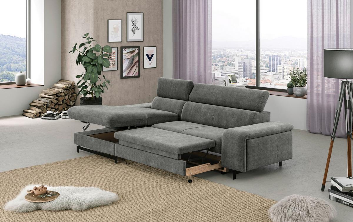Ecksofa Mit Bettkasten Emma Grau 165x267 Cm - Schwarz/Grau, Textil (165/267cm) - MID.YOU