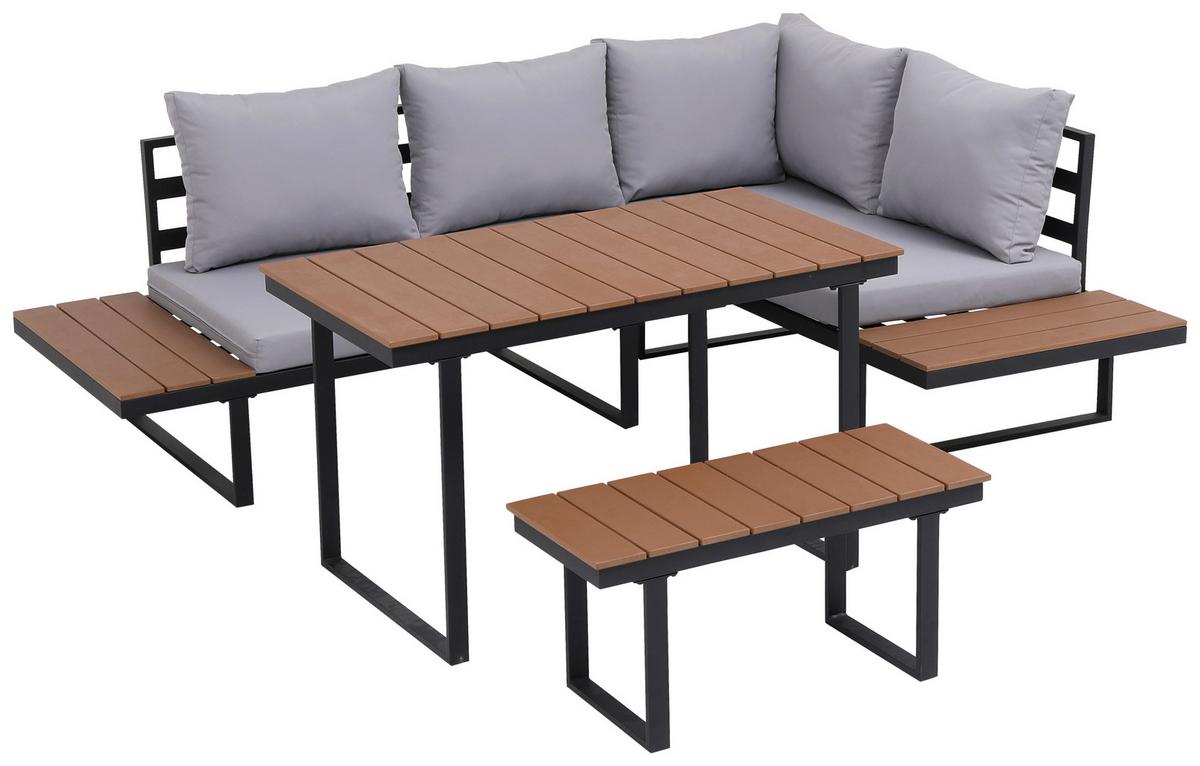 Loungegarnitur 4-Tlg Aarhus Metall/Holz mit Kissen - Schwarz/Naturfarben, MODERN, Kunststoff/Textil (146/216cm) - Beldano