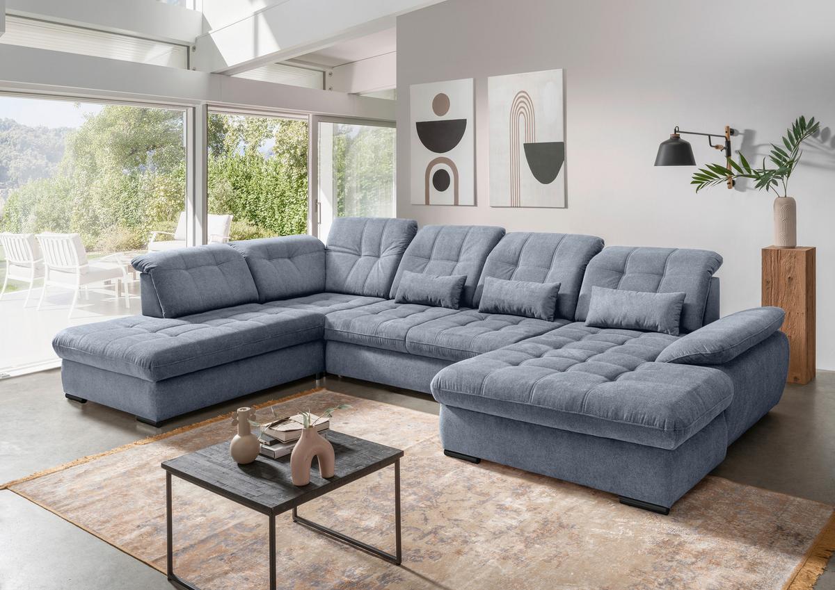 Wohnlandschaft mit Bettkasten Rigatti Hellblau B: 387 cm - Schwarz/Hellblau, MODERN, Textil (252/387/184cm) - Livetastic