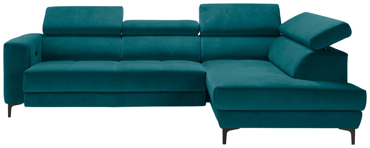 Rohová sedačka EMMA, pravá, petrolej.,op.hl.,USB,el.výsuv - petrolej/černá, Moderní, textil (301/210cm) - Premium Living