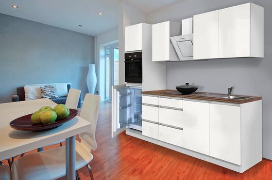 Grifflose Küche in Weiß matt Moderner Küchenblock mit Elektrogeräten