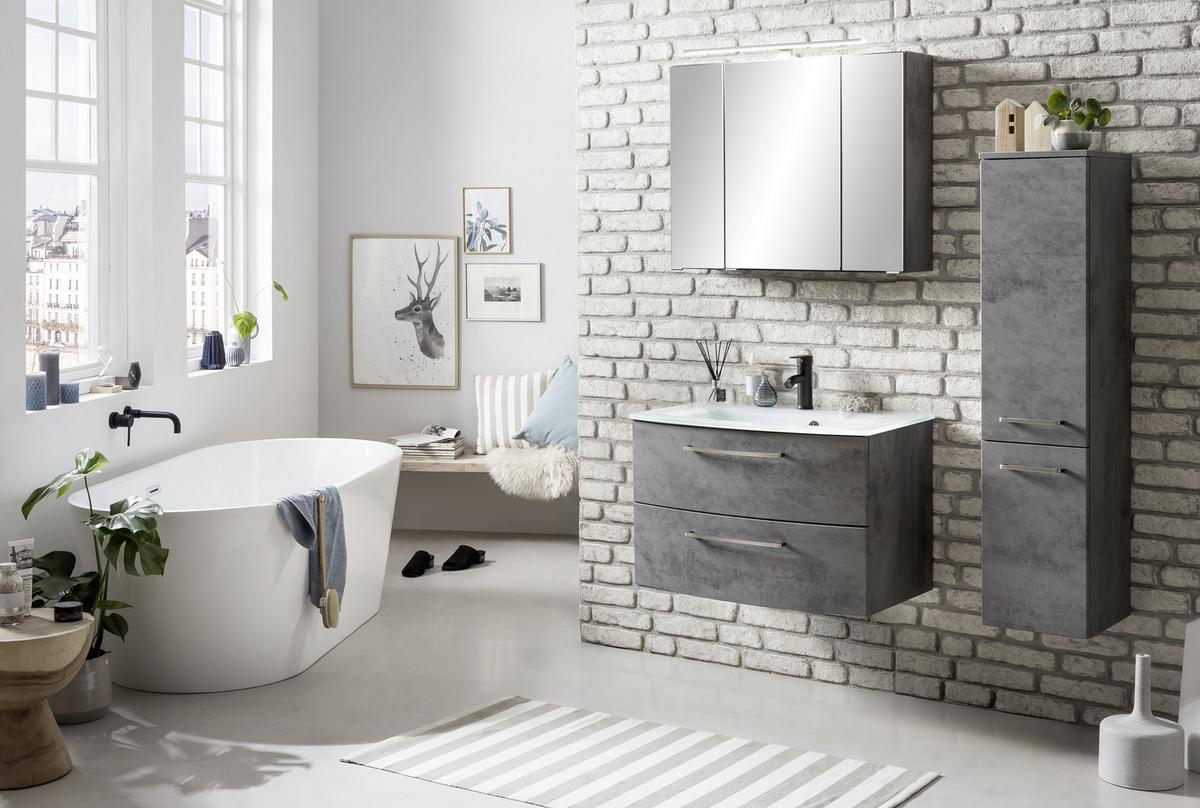 Waschbecken mit Unterschrank Stockholm B: 80cm Grau Dekor - Weiß/Grau, KONVENTIONELL, Glas/Holzwerkstoff (80cm) - Held