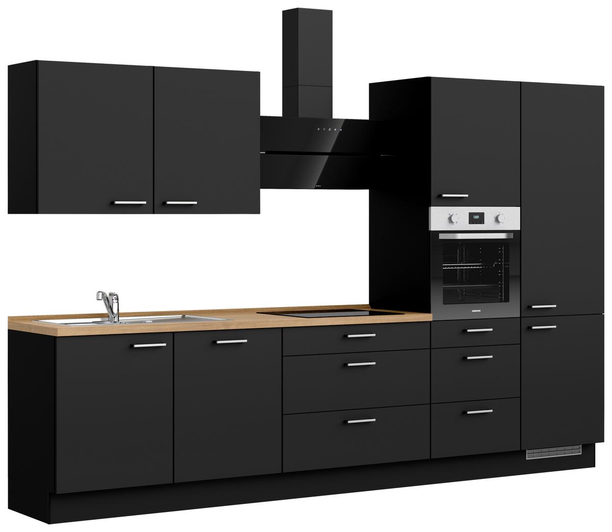 Kuchyňská linka 330 cm, černá matná/ barva dub - černá/barvy dubu, Moderní, kov/kompozitní dřevo (330cm) - Nobilia