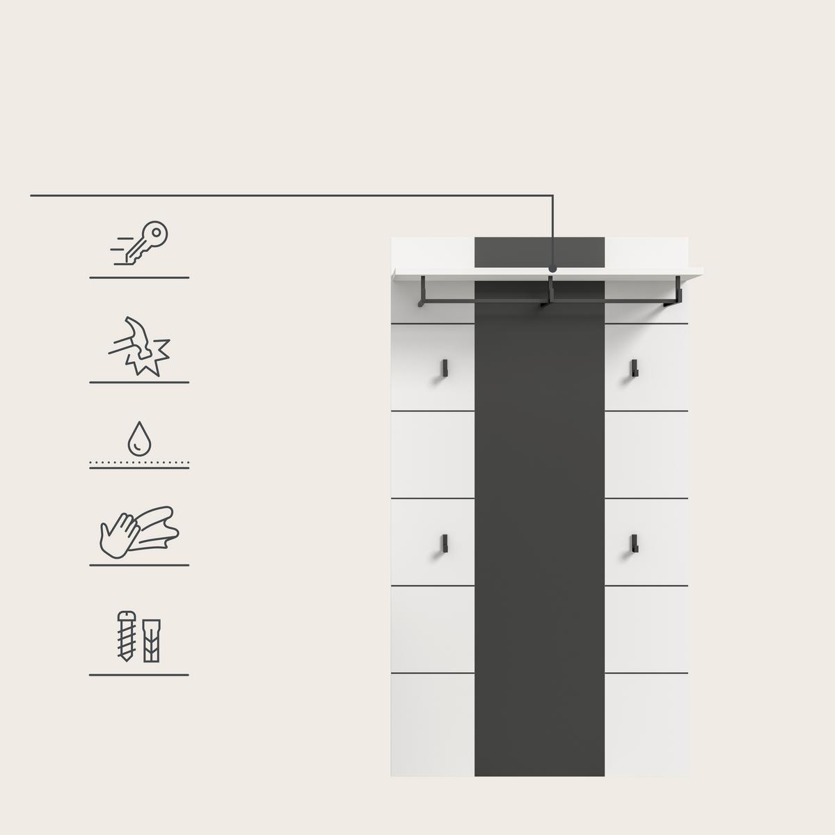 Garderobenpaneel Canu Grau/Weiß B: 80 cm - Weiß/Grau, Design, Holzwerkstoff (80/145/29cm) - Livetastic