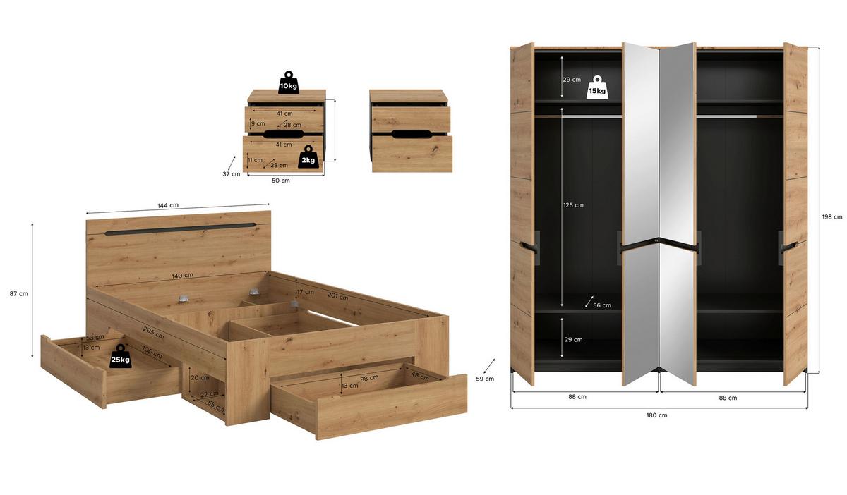 Schlafzimmer Canu Grau /Eiche Artisan Dekor 4-tlg - Eiche Artisan/Grau, MODERN, Holzwerkstoff - MID.YOU