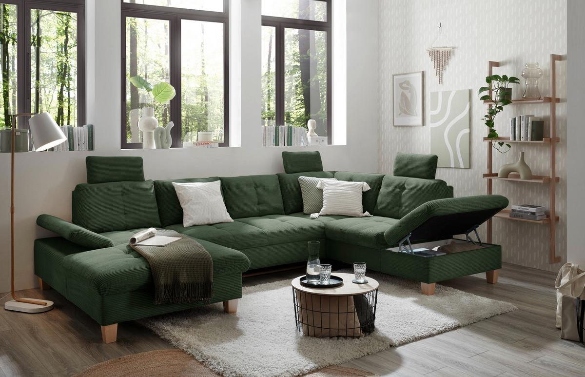 Wohnlandschaft Ascot Dunklegrün U: 170x324x220 Cm - Dunkelgrün/Eichefarben, KONVENTIONELL, Textil (170/324/220cm) - MID.YOU