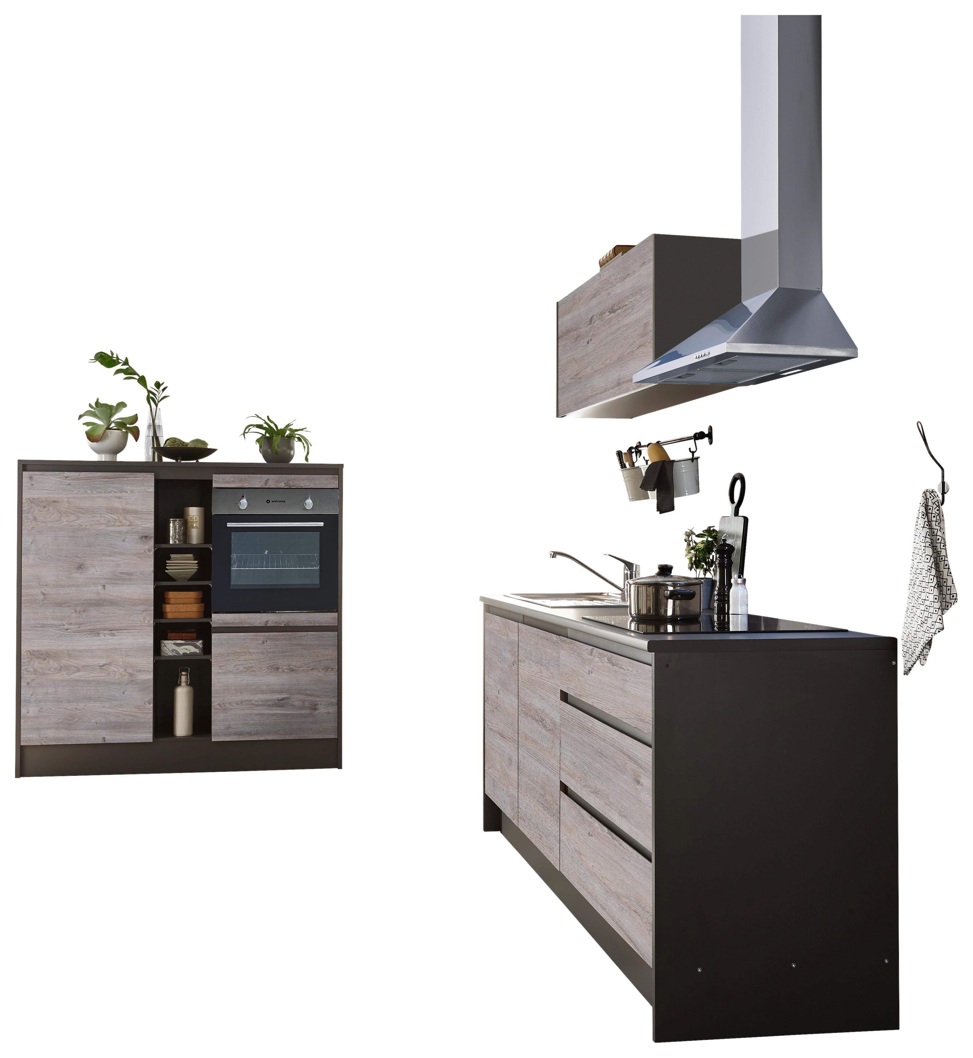 Kuchynský blok LESS 4 bez spotrebičov, šírka 210 cm - farba duba/antracitová, Modern, kompozitné drevo (210+150cm) - MID.YOU