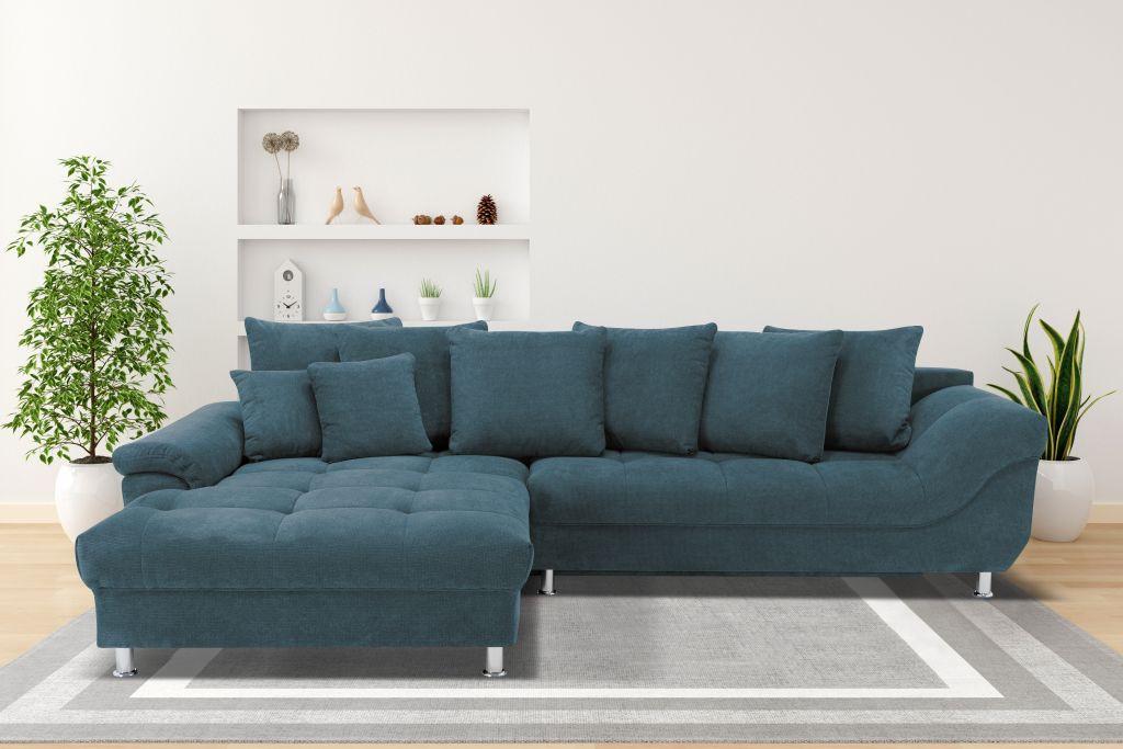 Rohová sedačka ERICE, pravá petrolejová - petrolejová/chrómová, Design, textil/plast (312/198cm)