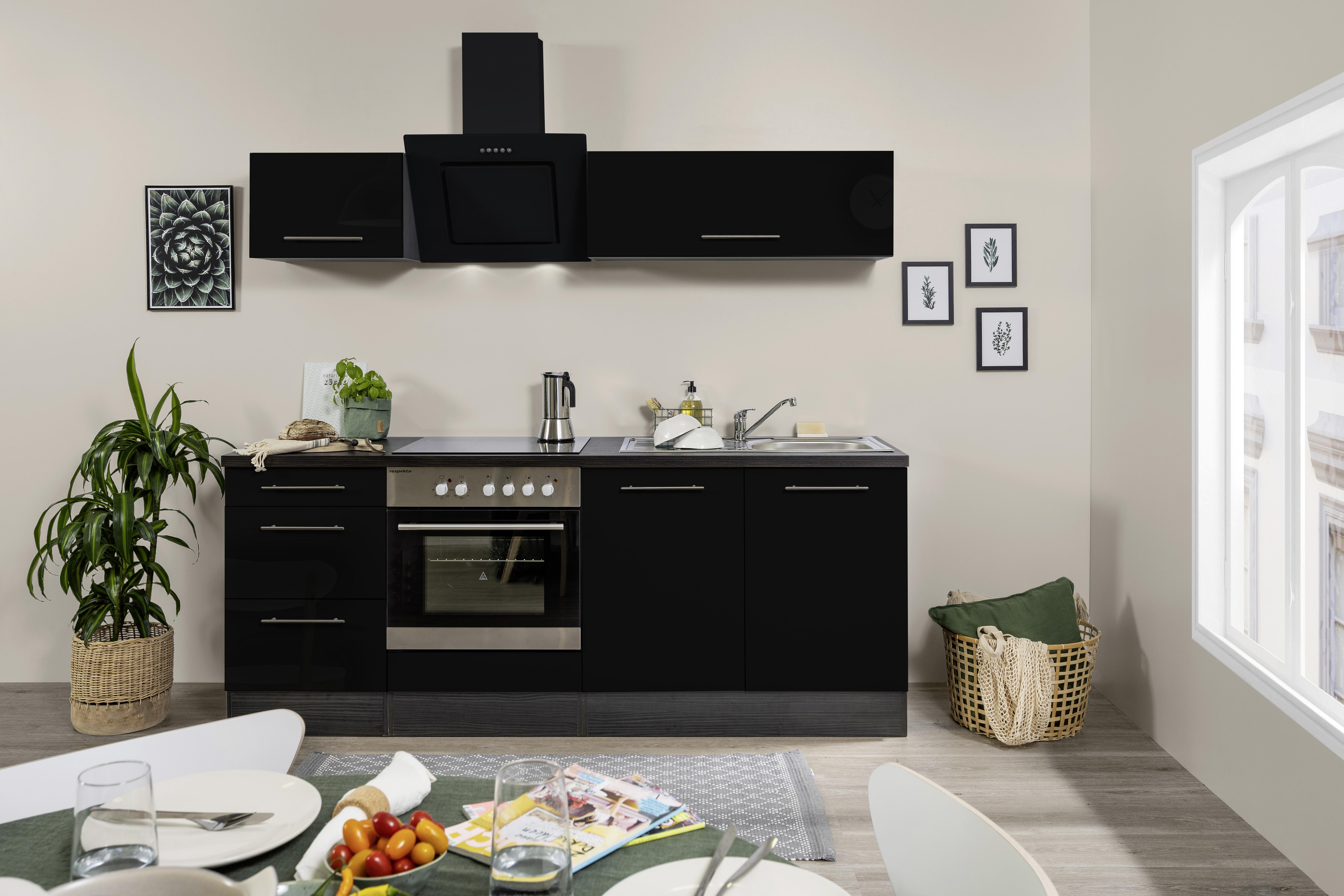 Küchenzeile mit Geräten 210 cm Schwarz Hochglanz - Schwarz/Grau, Basics, Holzwerkstoff (210cm) - Respekta
