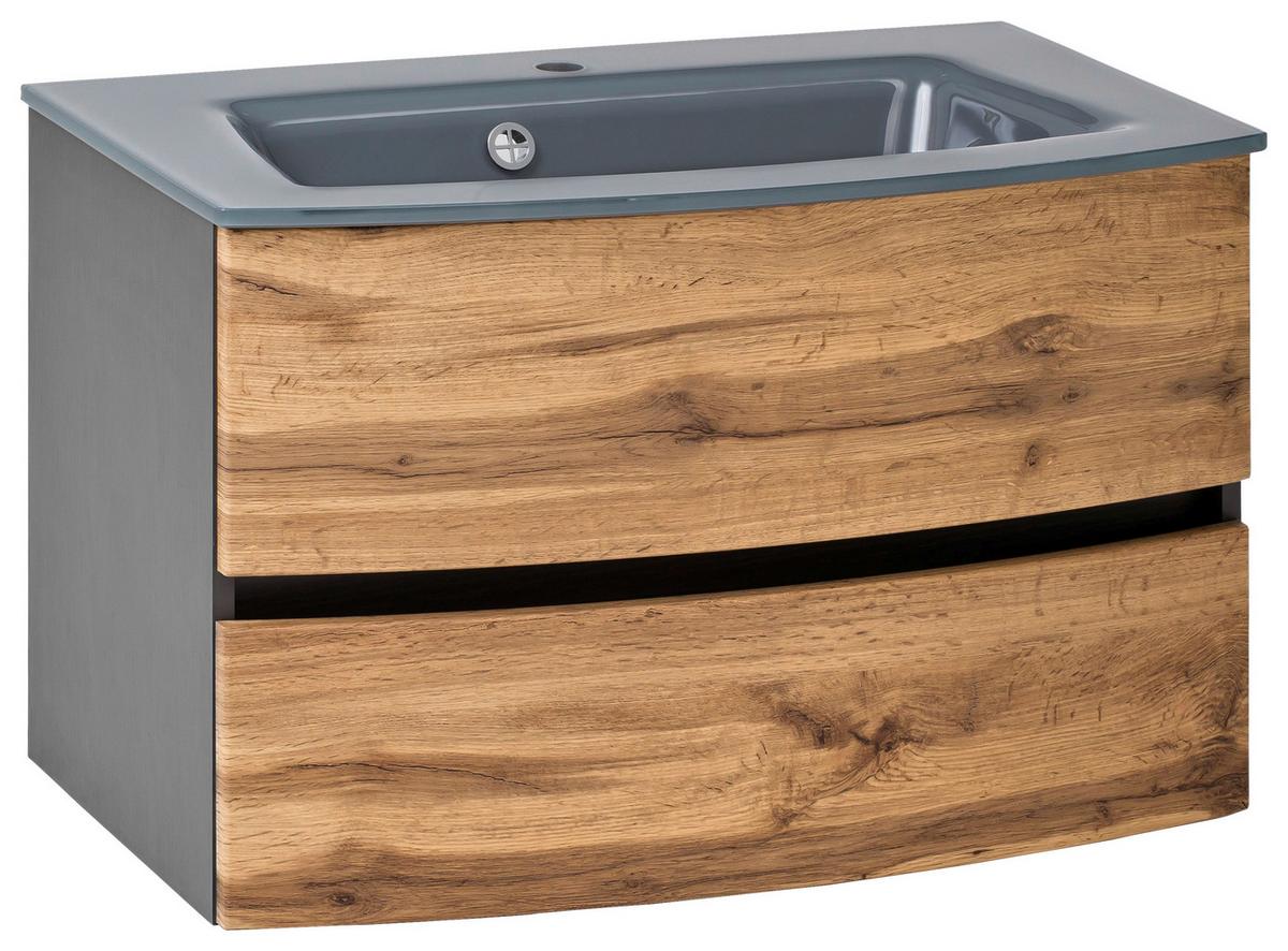 Waschbecken mit Unterschrank Kopenhagen B: 80 cm Grau/Eiche - Eichefarben/Graphitfarben, KONVENTIONELL, Glas/Holzwerkstoff (80cm) - Held