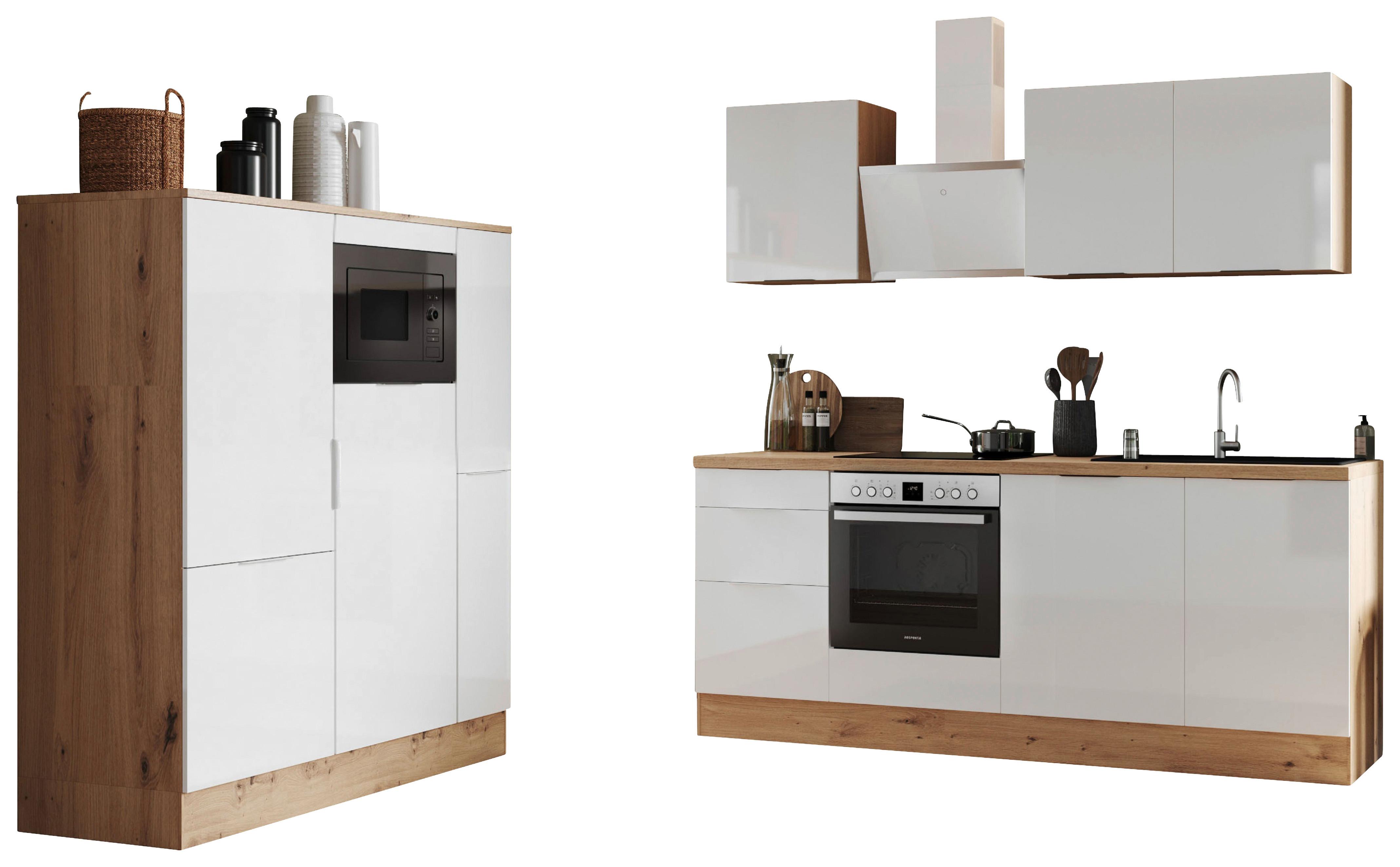 Küchenzeile mit Geräten B: 370 cm Weiß/Eiche Artisan Dekor - Weiß Hochglanz/Eiche Artisan, LIFESTYLE, Holzwerkstoff (370cm) - Respekta