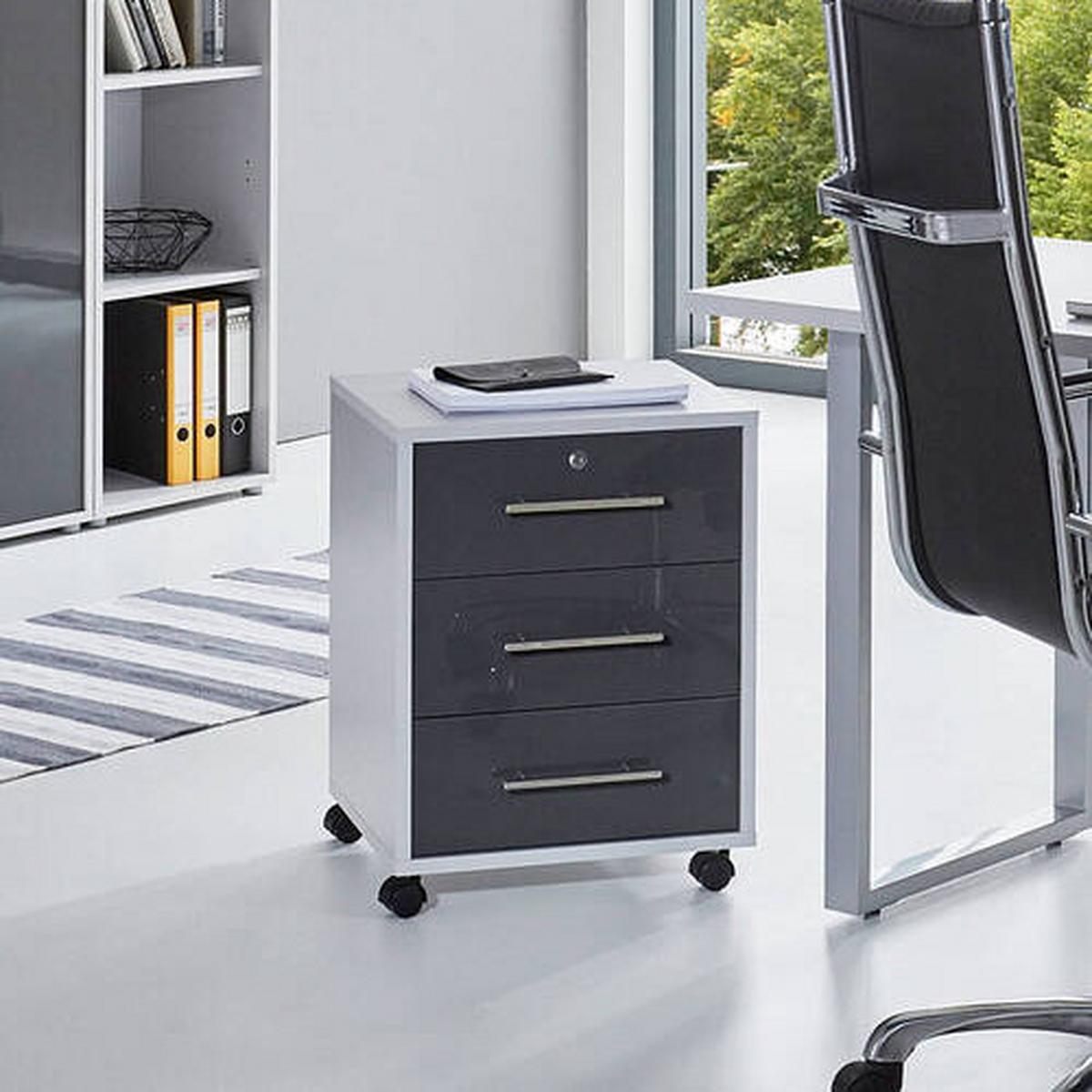 Rollcontainer Anthrazit/Grau Office Edition 44x58x40 cm - Anthrazit Hochglanz/Grau, MODERN, Holzwerkstoff/Kunststoff (44/58/40cm) - MID.YOU
