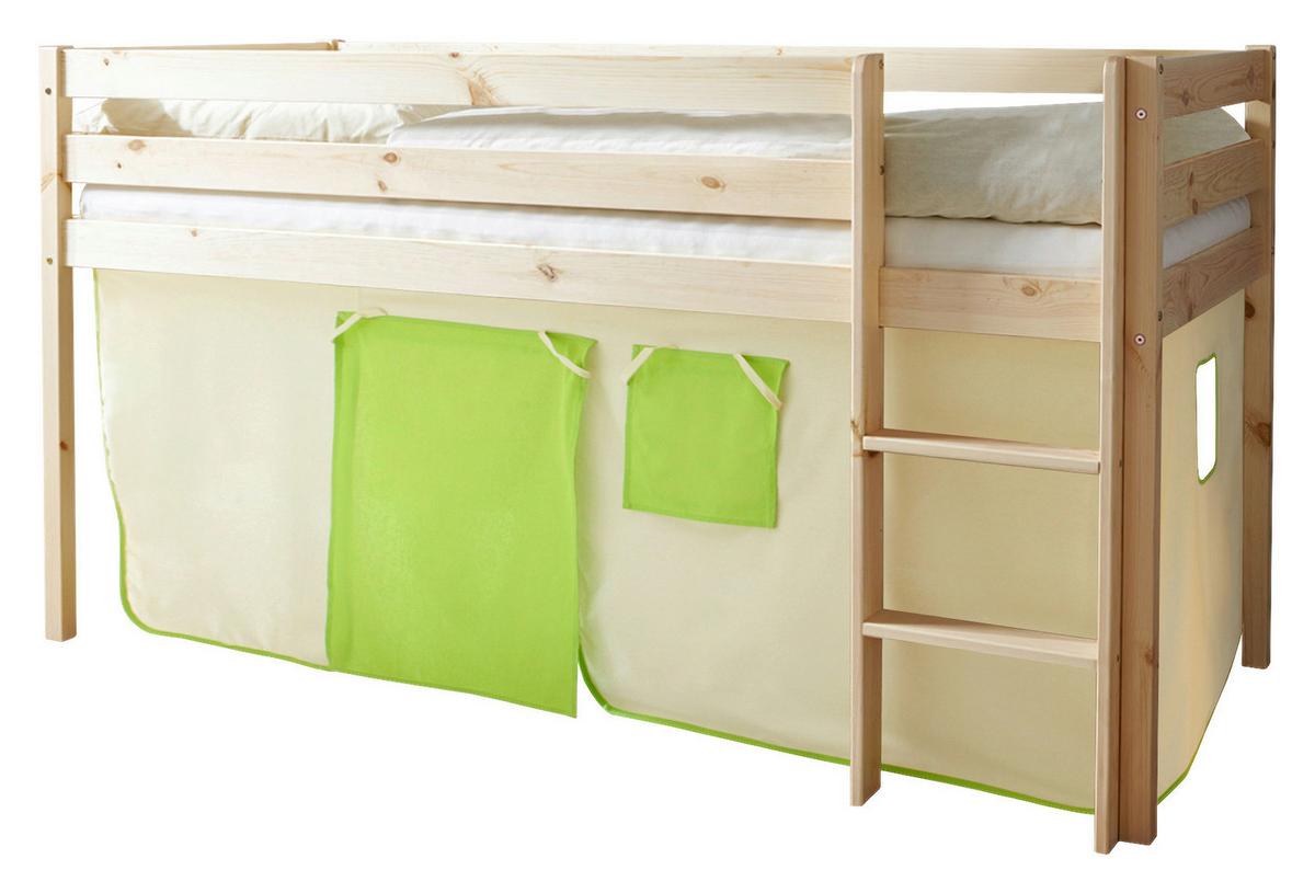 Vyvýšená postel MALTE závěs béžovo-zelený - zelená/přírodní barvy, Natur, dřevo (90/200cm) - MID.YOU