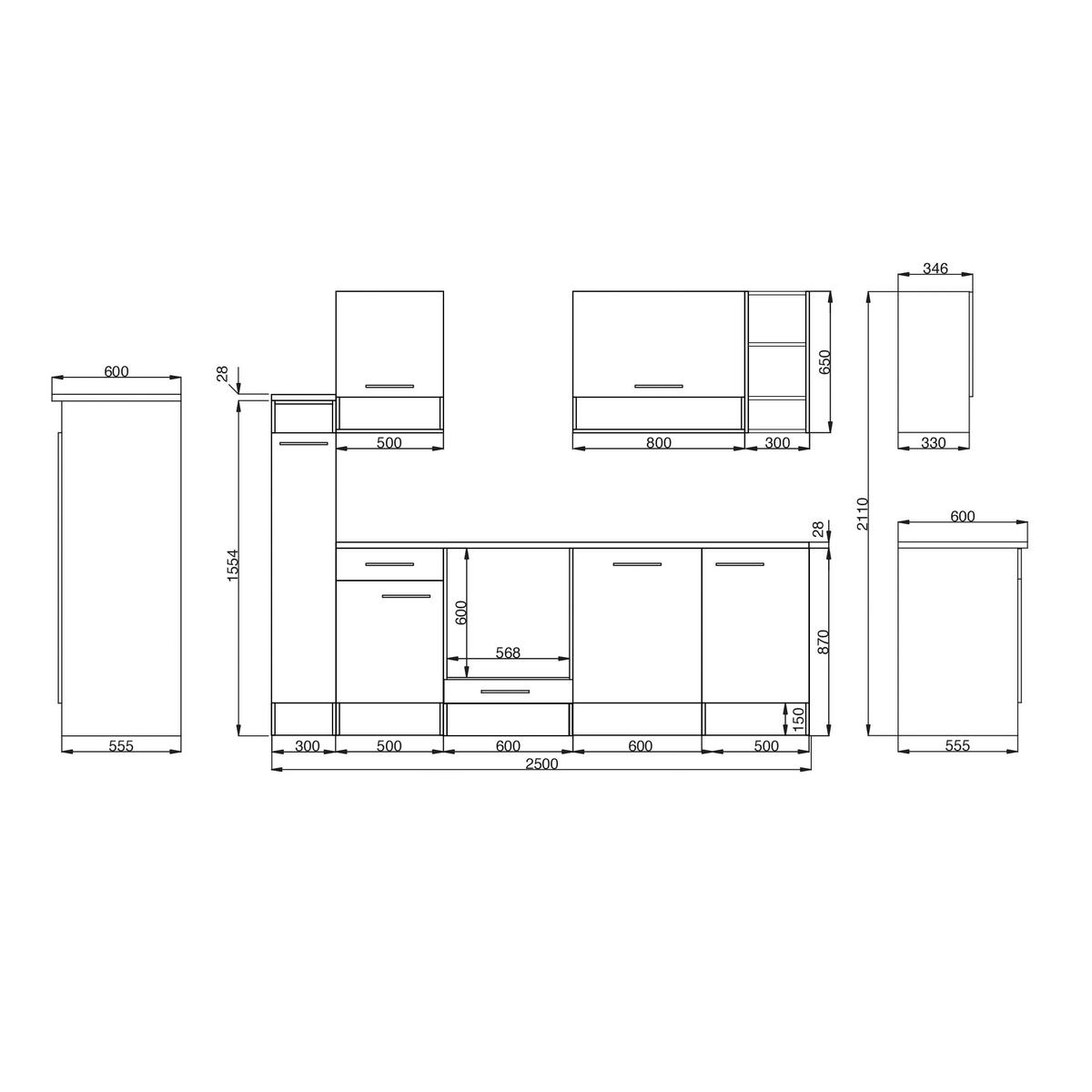 Küchenzeile ohne Geräte B: 250 cm Weiß/Wildeiche Dekor - Wildeiche/Weiß, Basics, Holzwerkstoff (250/205/60cm) - Respekta