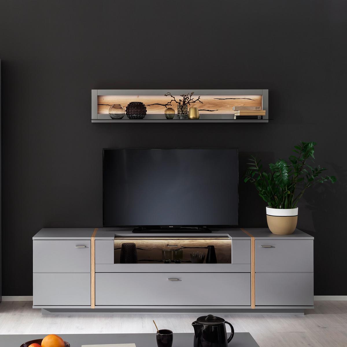 Wohnkombination teilmassiv 3--teilig. Sevilla Grau/Eiche - Eichefarben/Schwarz, Design, Glas/Holzwerkstoff (276/207/50cm) - MID.YOU