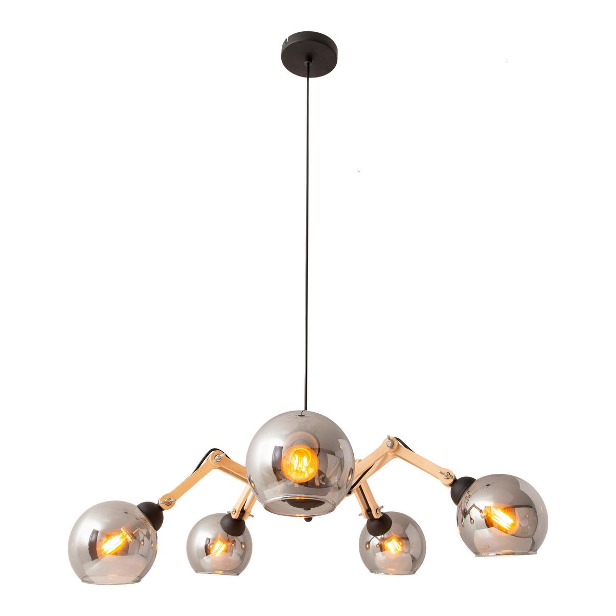 Hängeleuchte H: 130 cm 5-Flammig, Echtholz/Eisen - Schwarz/Naturfarben, Design, Glas/Holz (80/130cm) - Näve