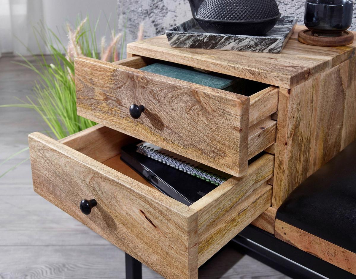 Dlhá taburetka mangové drevo - čierna, Modern, kov/koža (100/60/35cm) - MID.YOU