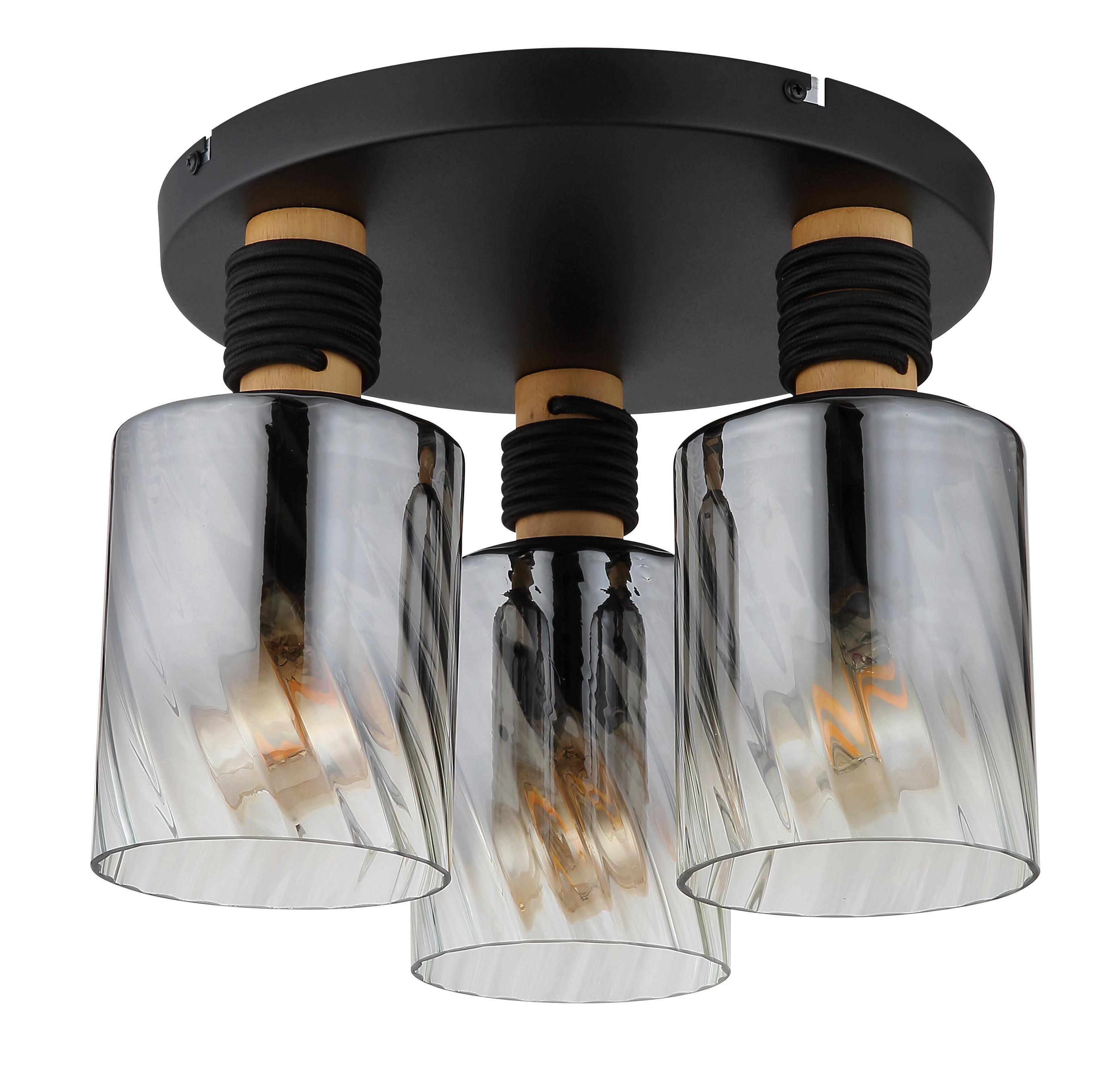 DECKENLEUCHTE Exkl. 3xE27 40W - Klar/Schwarz, Design, Glas/Holz (32/25,4cm) - Globo