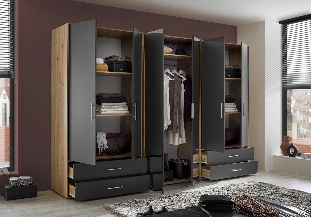 Kleiderschrank Velas, Eiche Artisan, Graphit , B: 302 Cm - Graphitfarben/Eiche Artisan, KONVENTIONELL, Glas/Holzwerkstoff (305/207/58cm)