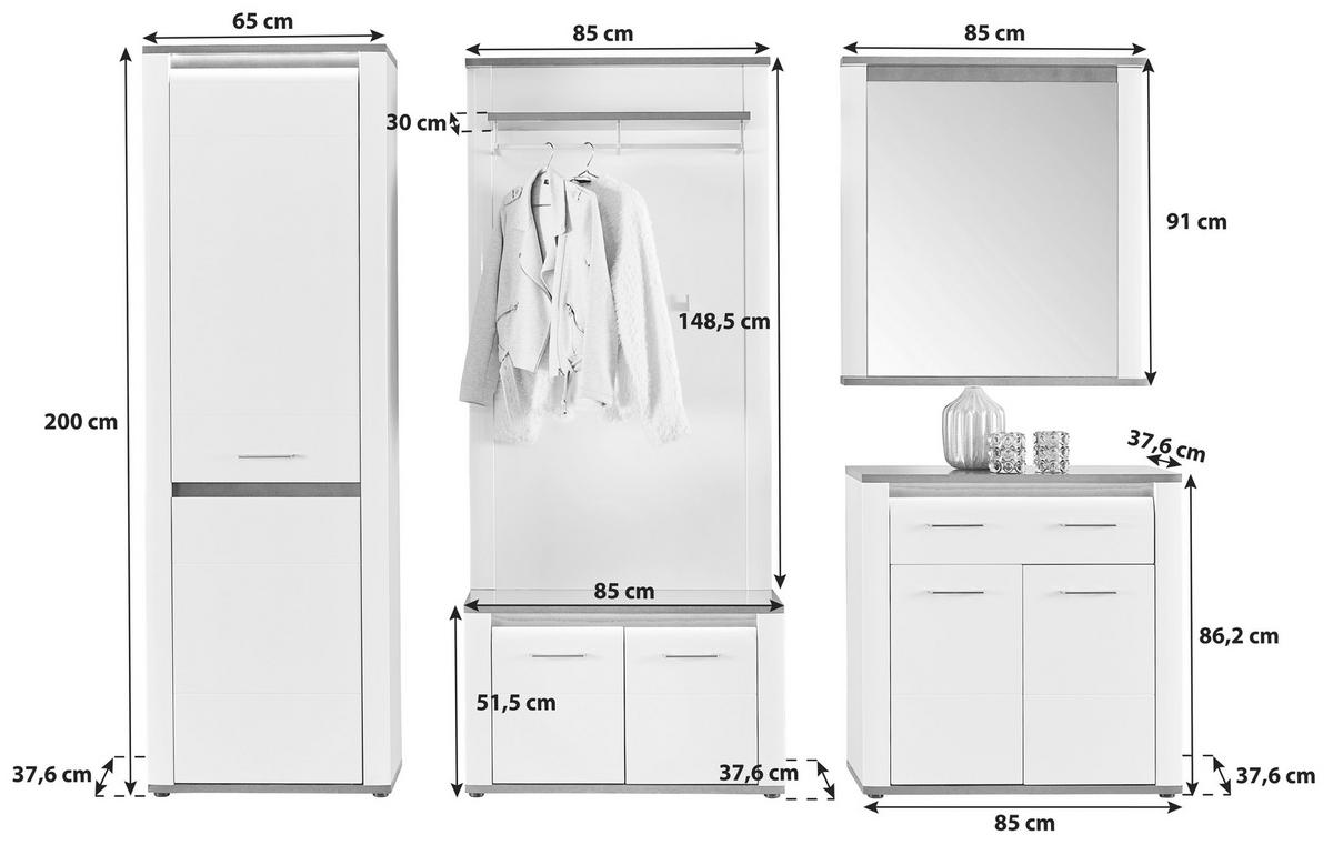 Garderoben-set Alassio Weiß /matera 5--Teilig. Mit Led-Leisten - MODERN, Holzwerkstoff (235/200/37,6cm) - Luca Bessoni