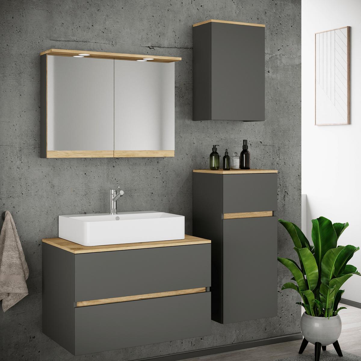 Fürdőszobabútor Cosila - méztölgy színű/antracit, Trend, faalapú anyag/kerámia (120cm) - MID.YOU