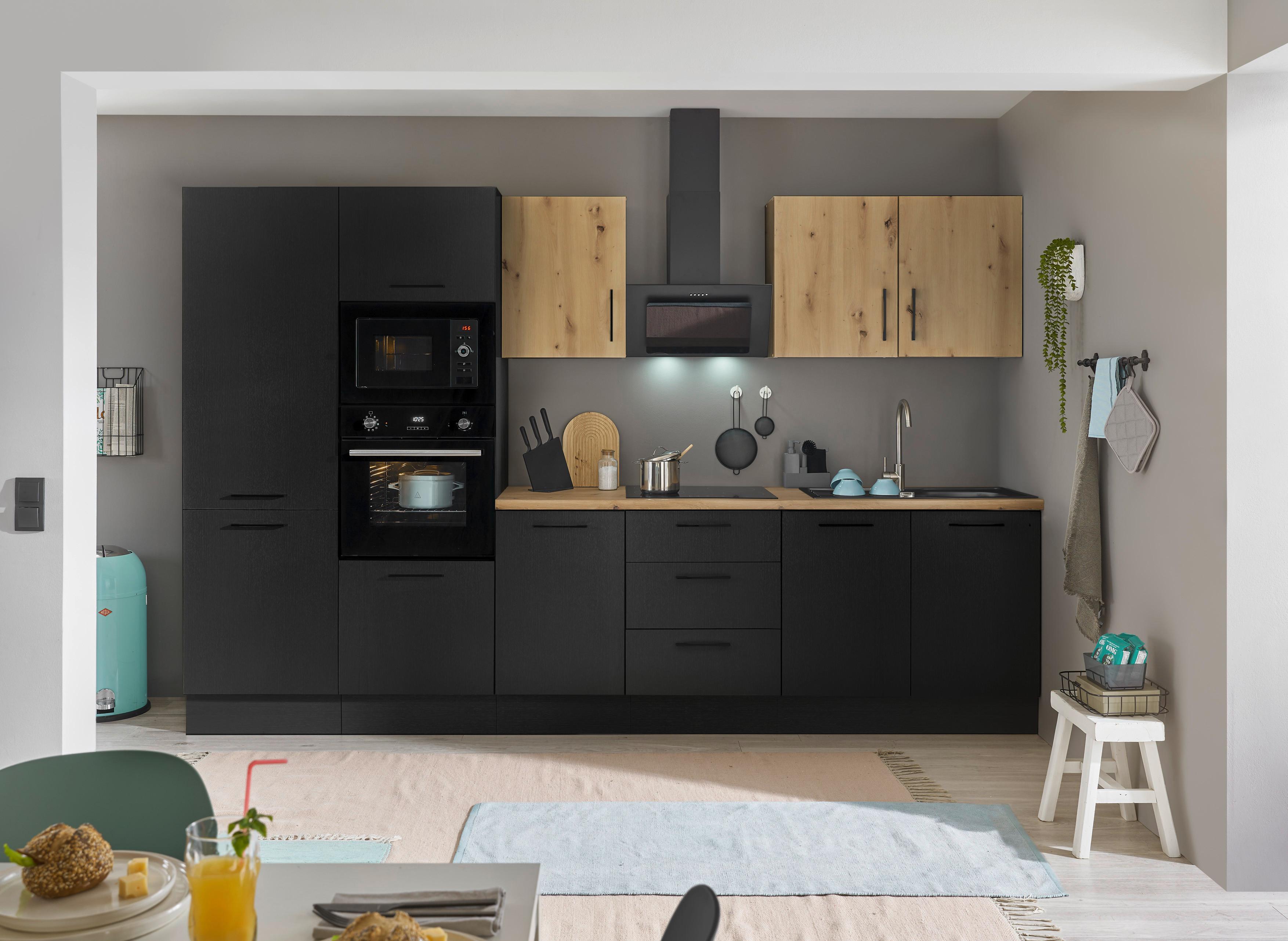 Küchenblock Turin Schwarz/Eiche Dekor B: 330 cm - Schwarz/Eiche Artisan, Basics, Holzwerkstoff (330cm) - MID.YOU