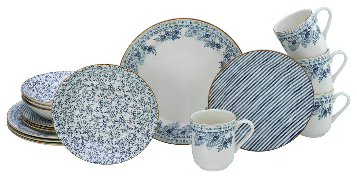 Kombiservice Euböa Blau, Weiß L: 33 cm - Blau/Weiß, Basics, Keramik - Creatable