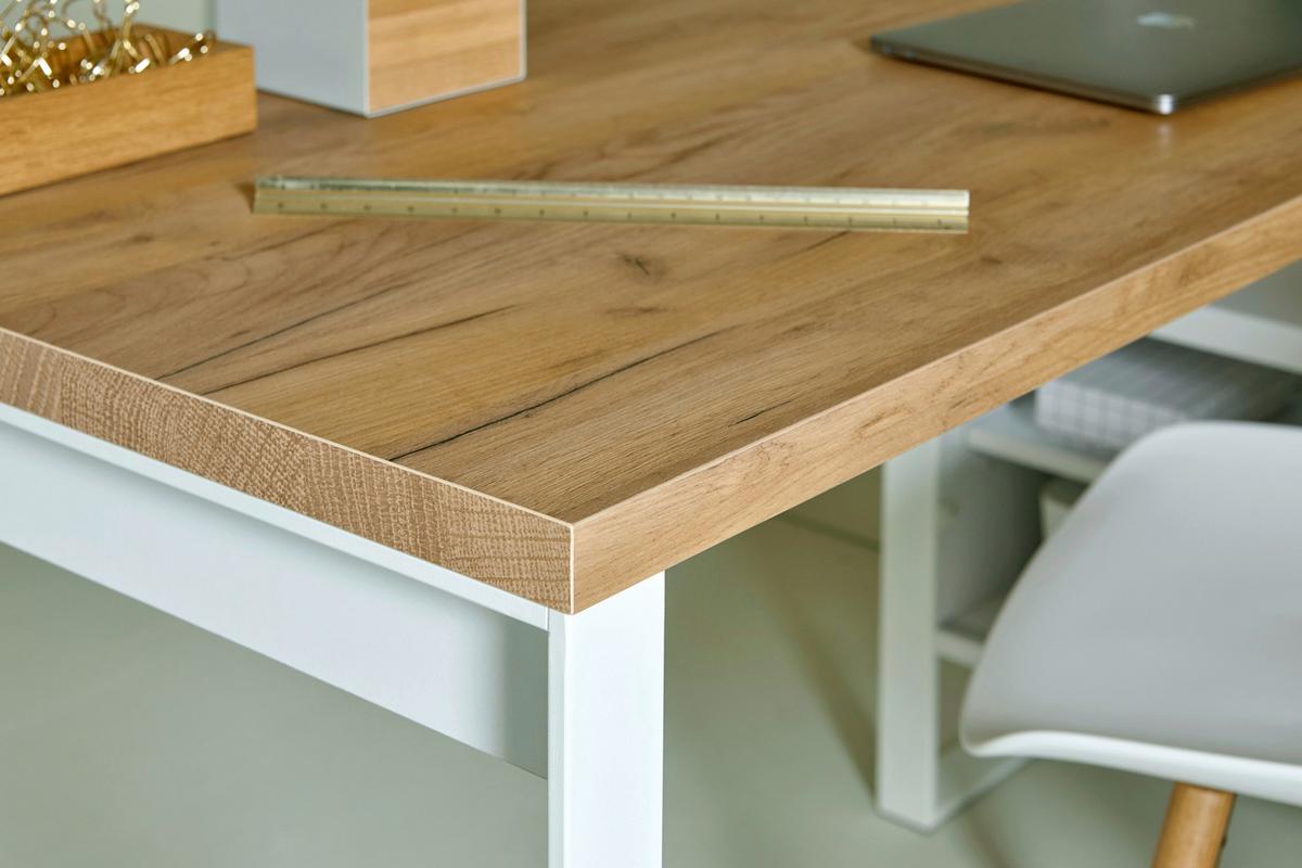 Schreibtisch B 120cm H 76cm Loop D 145 E, Weiß - Eichefarben/Weiß, KONVENTIONELL, Holzwerkstoff/Metall (147/120/76cm) - Livetastic