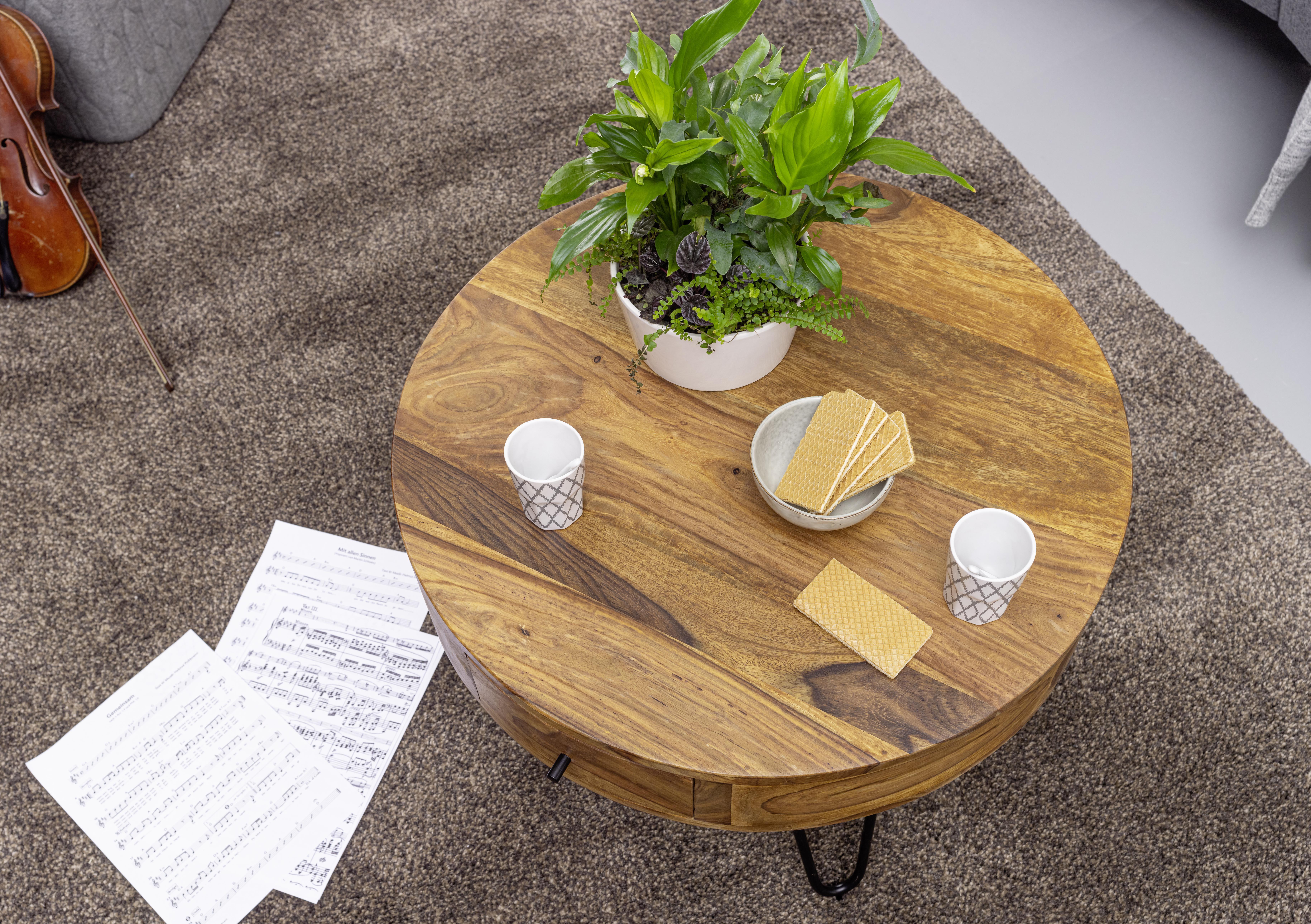 MID.YOU Couchtisch Holz mit Laden Sheesham Massiv