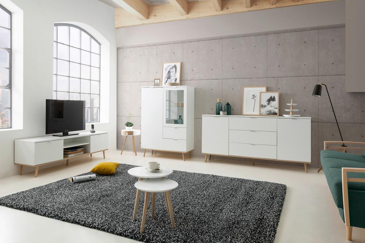 Sideboard Teilmassiv, 3 Laden 180cm Göteborg 51 Sonoma Eiche - Weiß/Sonoma Eiche, KONVENTIONELL, Holzwerkstoff (180/87/40cm) - MID.YOU