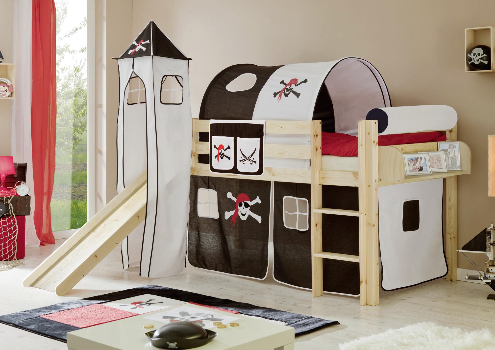 Spielbett Kasper Schwarz/Weiß Kiefer Massiv 90 cm Rutsche