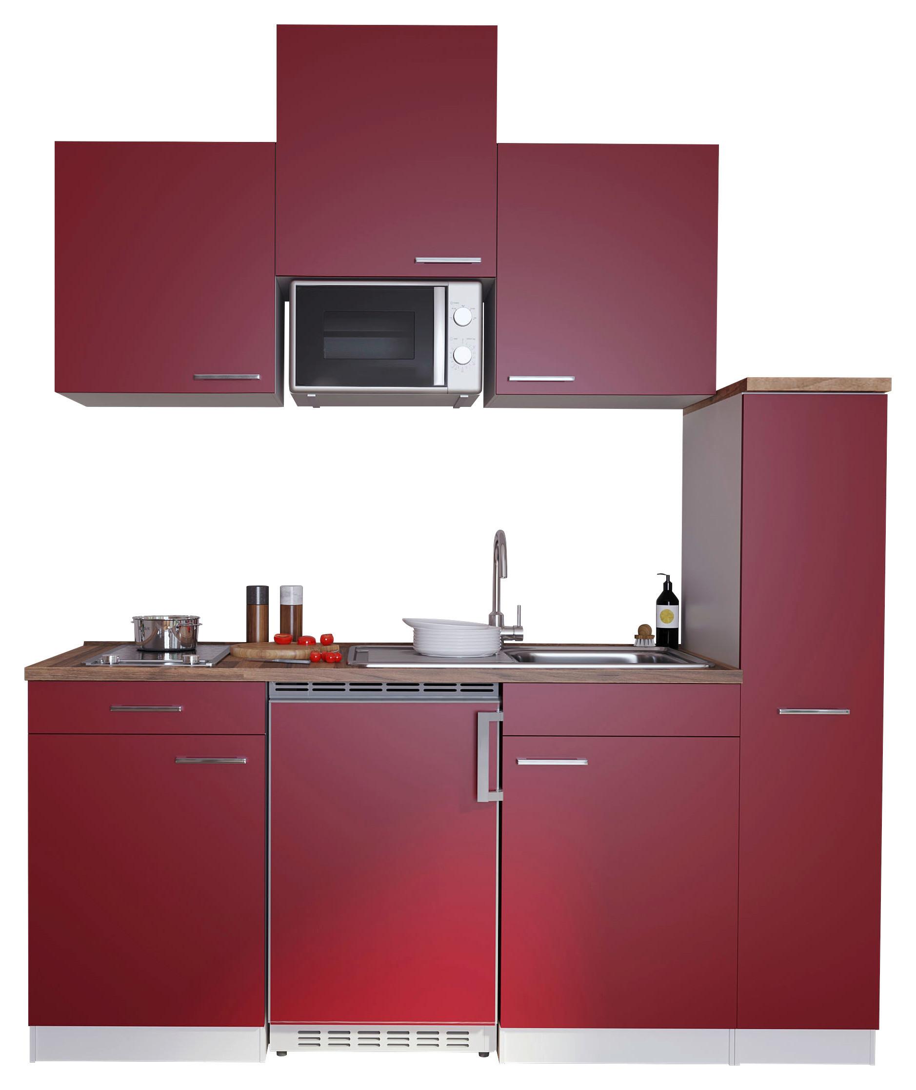 Küchenzeile Economy mit Geräten 180 cm Rot/ Nussbaum Dekor - Rot/Nussbaumfarben, Basics, Holzwerkstoff (180/200/60cm) - Respekta