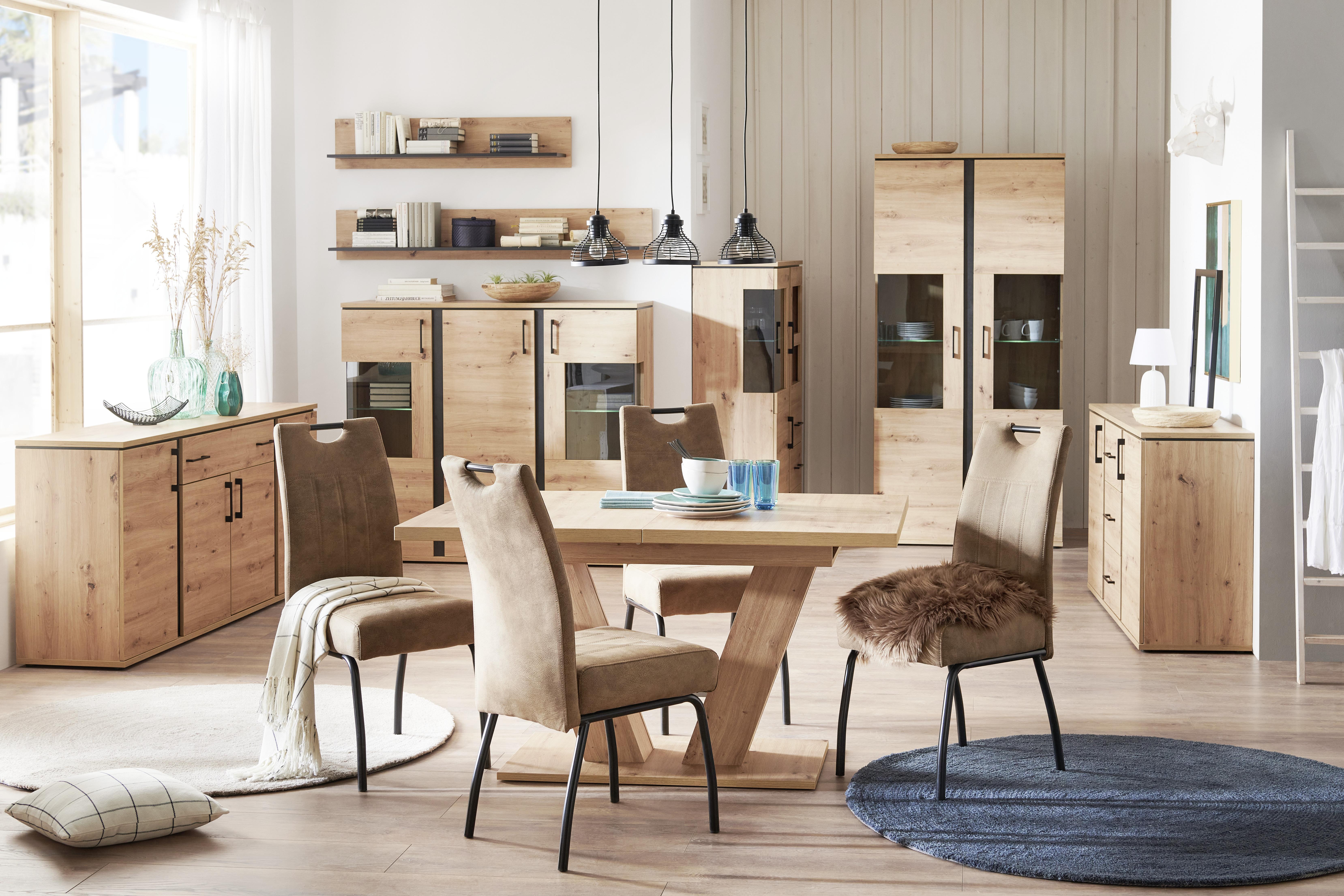Highboard Mit Softclose B: 145 cm Nature Eiche Dekor/Schwarz - Eichefarben, KONVENTIONELL, Glas/Holzwerkstoff (145cm)
