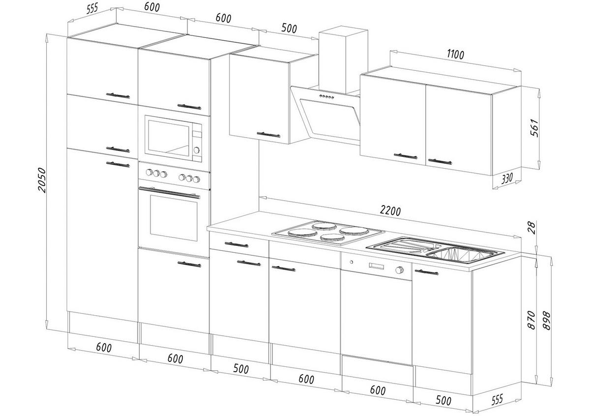 Küchenzeile mit Geräten B: 340 cm Schwarz/Eiche Dekor - Eichefarben/Schwarz, Design, Holzwerkstoff (340cm) - Respekta