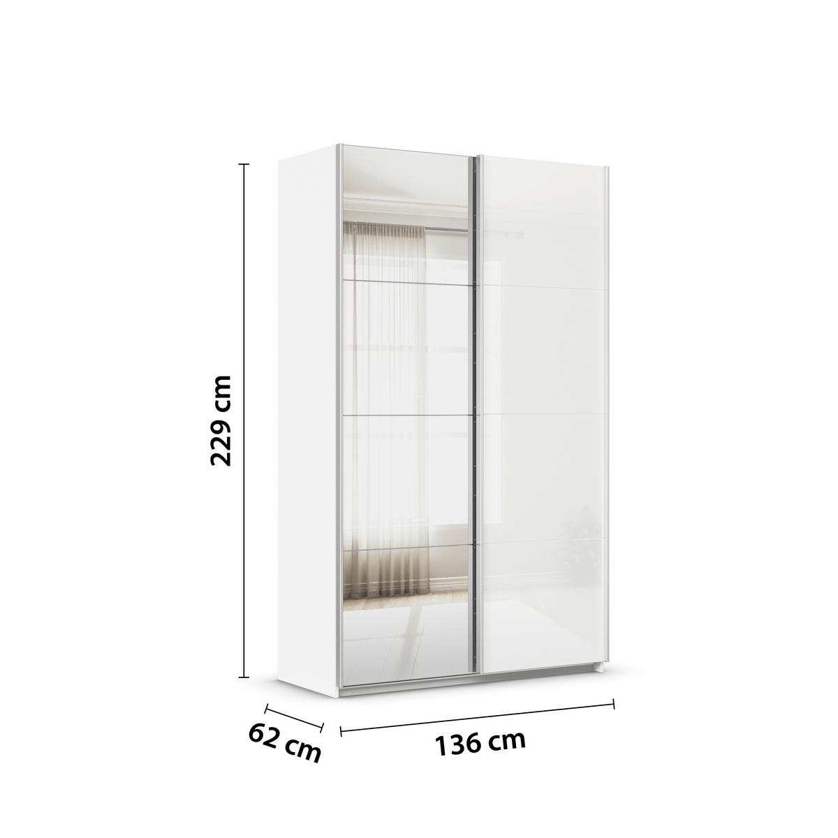 Schwebetürenschrank B: 136cm Feldkirch Weiß - Weiß Hochglanz/Silberfarben, MODERN, Glas/Holzwerkstoff (136/229/62cm)