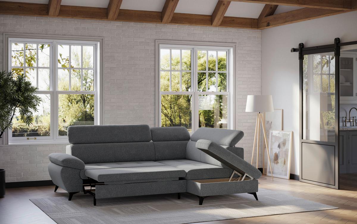 Ecksofa mit Bettfunktion Hudson, Chenille Dunkelgrau - Dunkelgrau/Schwarz, KONVENTIONELL, Textil (256/207cm) - Sembella