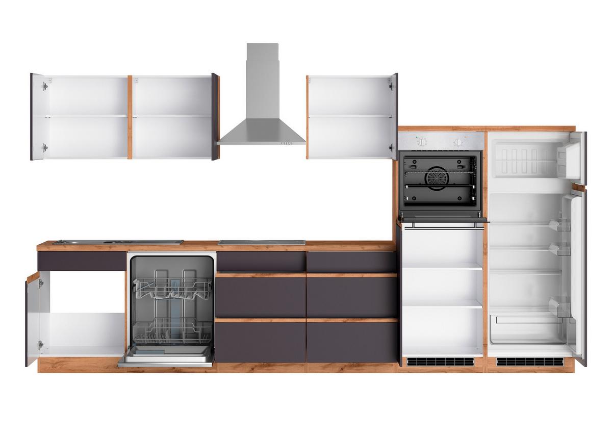 Küchenzeile Turin mit Geräte B: 360cm Grau/Wotaneiche Dekor - Eiche Wotan/Grau, Design, Holzwerkstoff (360cm) - Held