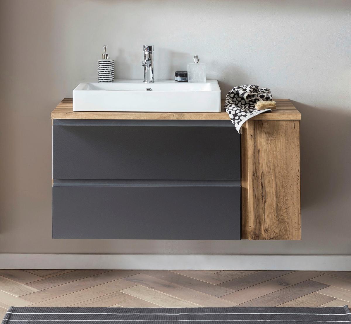 Waschbecken Mit Unterschrank Varese B:105 Cm Grau/eiche - Eiche Wotan/Grau, MODERN, Keramik/Holzwerkstoff (105cm) - Held