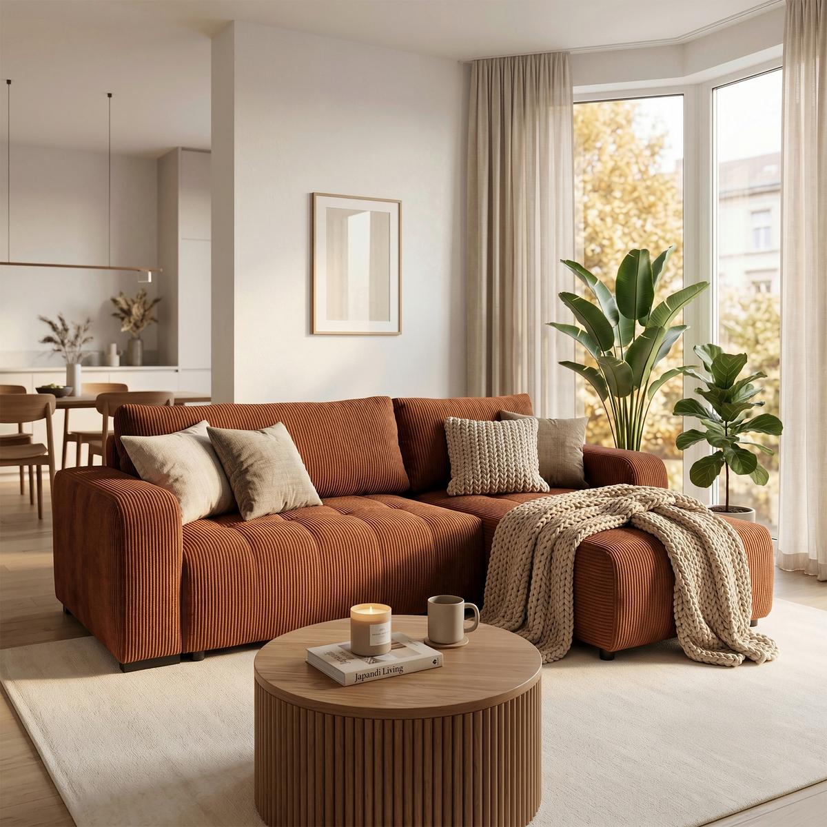 Ecksofa mit Bettfunktion Marseille, terracotta - Terracotta/Schwarz, Trend, Holz/Holzwerkstoff (240/155cm)