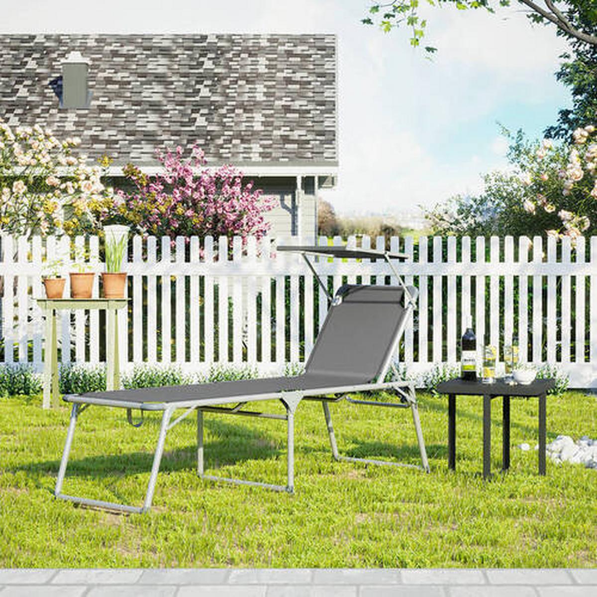 Gartenliege Grau Alufarben inkl. Sonnendach, B: 65 cm - Alufarben/Grau, MODERN, Textil/Metall (65/48/200cm) - Modante