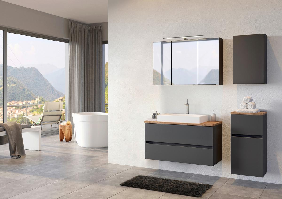 Badmöbel-Set 3-Tlg. inkl. LED Pienza B: 100 cm, Graphitgrau - Eichefarben/Weiß, Basics, Keramik/Holzwerkstoff (100cm) - Held