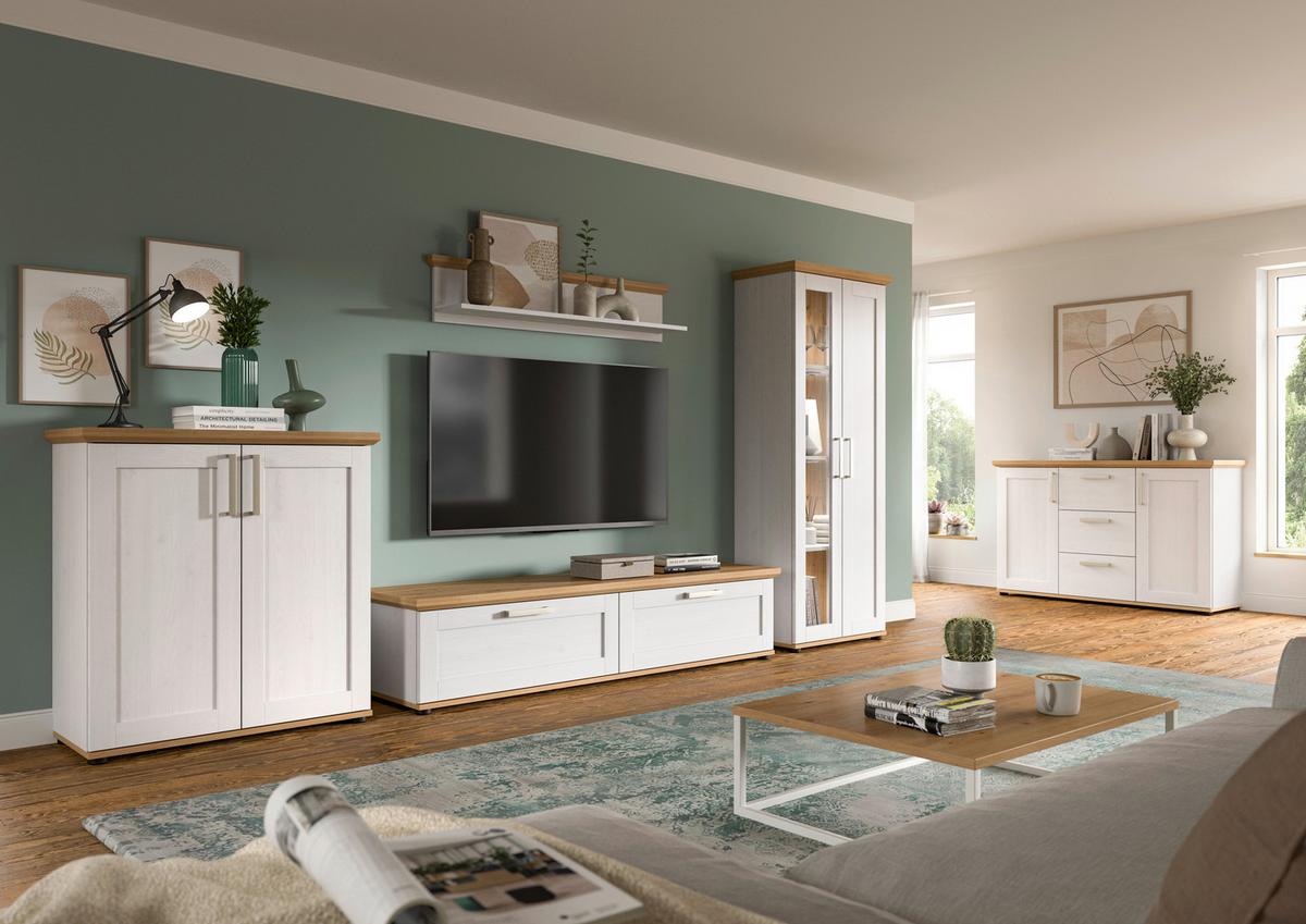Wohnwand Verona Lärchefarben /Eiche Dekor B: 336cm - Lärchefarben/Schwarz, Design, Holzwerkstoff (336/161/40cm) - Livetastic