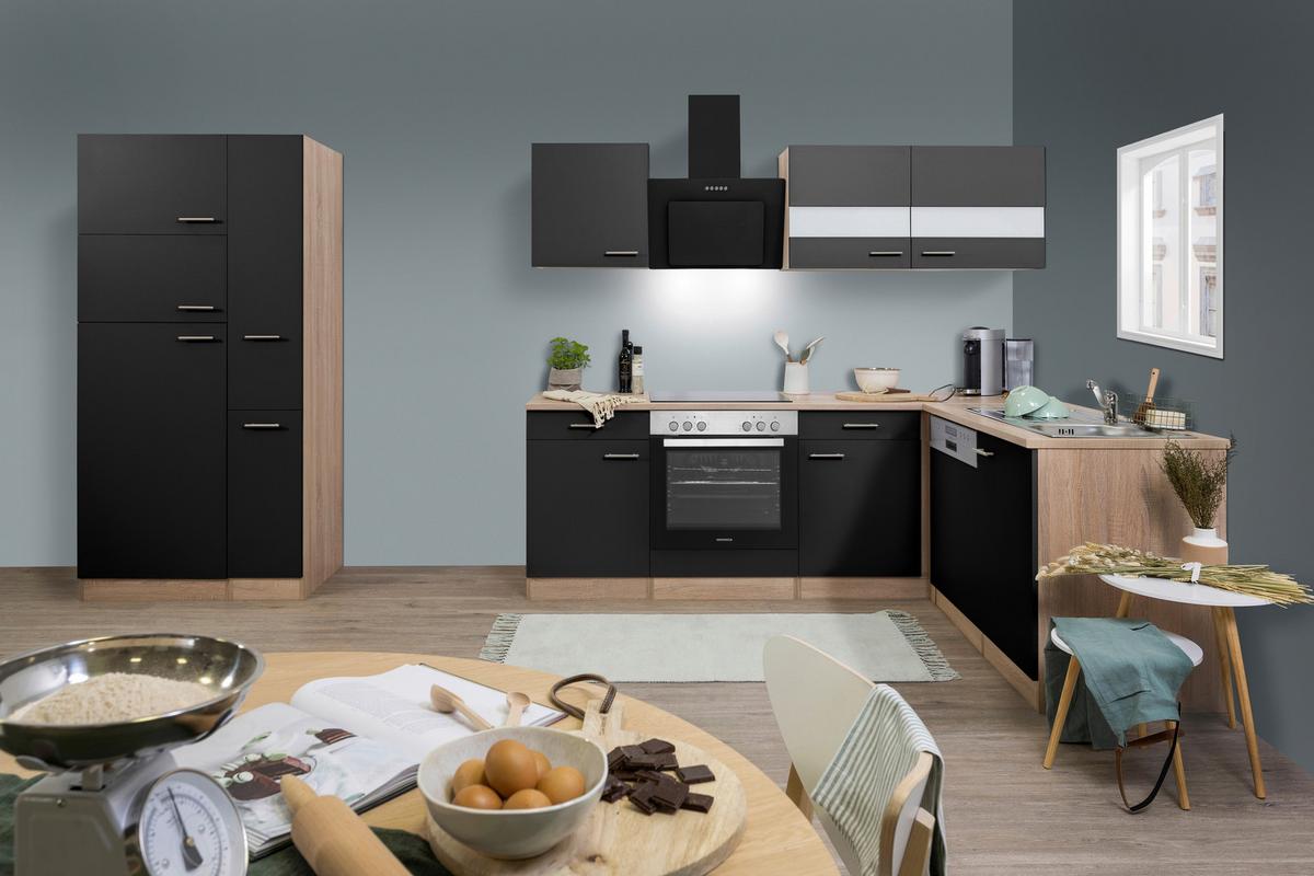Eckküche Economy mit Geräten 172 cm Schwarz/Eichefarben - Eichefarben/Schwarz, Basics, Glas/Holzwerkstoff (310/172cm) - Respekta