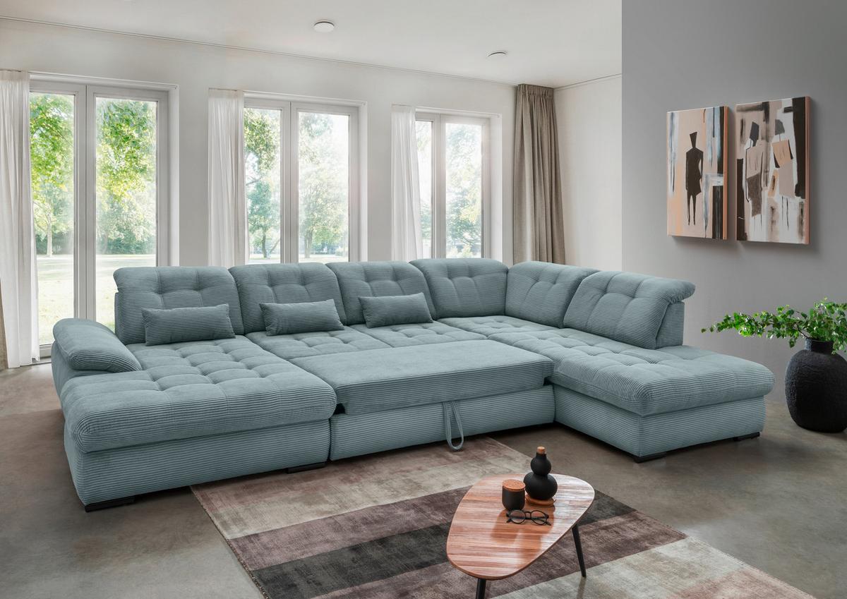 Wohnlandschaft Mit Bettkasten Rigatti Hellblau B: 387 Cm - Schwarz/Hellblau, MODERN, Textil (184/387/252cm) - Livetastic
