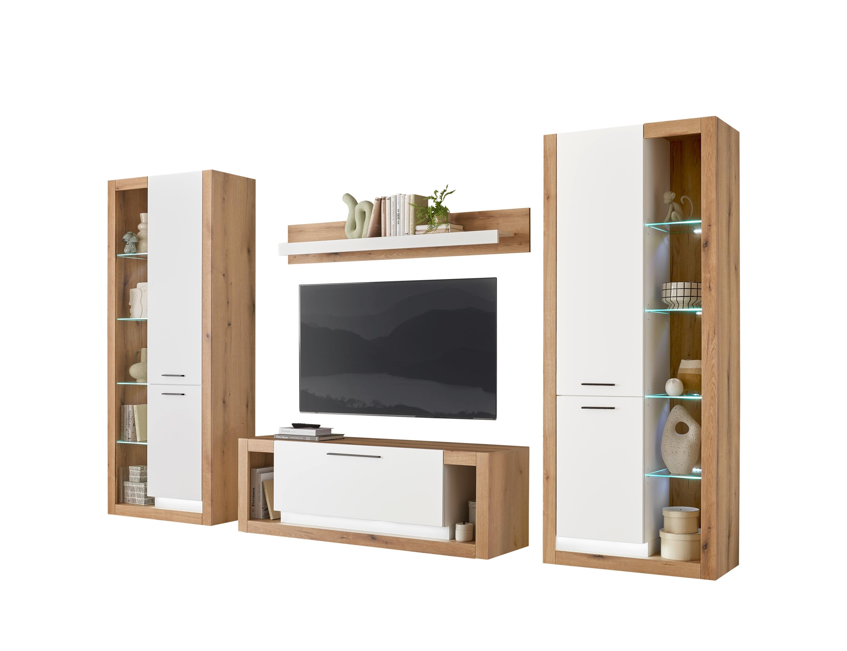 Wohnwand Brixen Weiß/Eichefarben B: 350cm - Eichefarben/Weiß, Design, Glas/Holzwerkstoff (350/195/43cm) - MID.YOU
