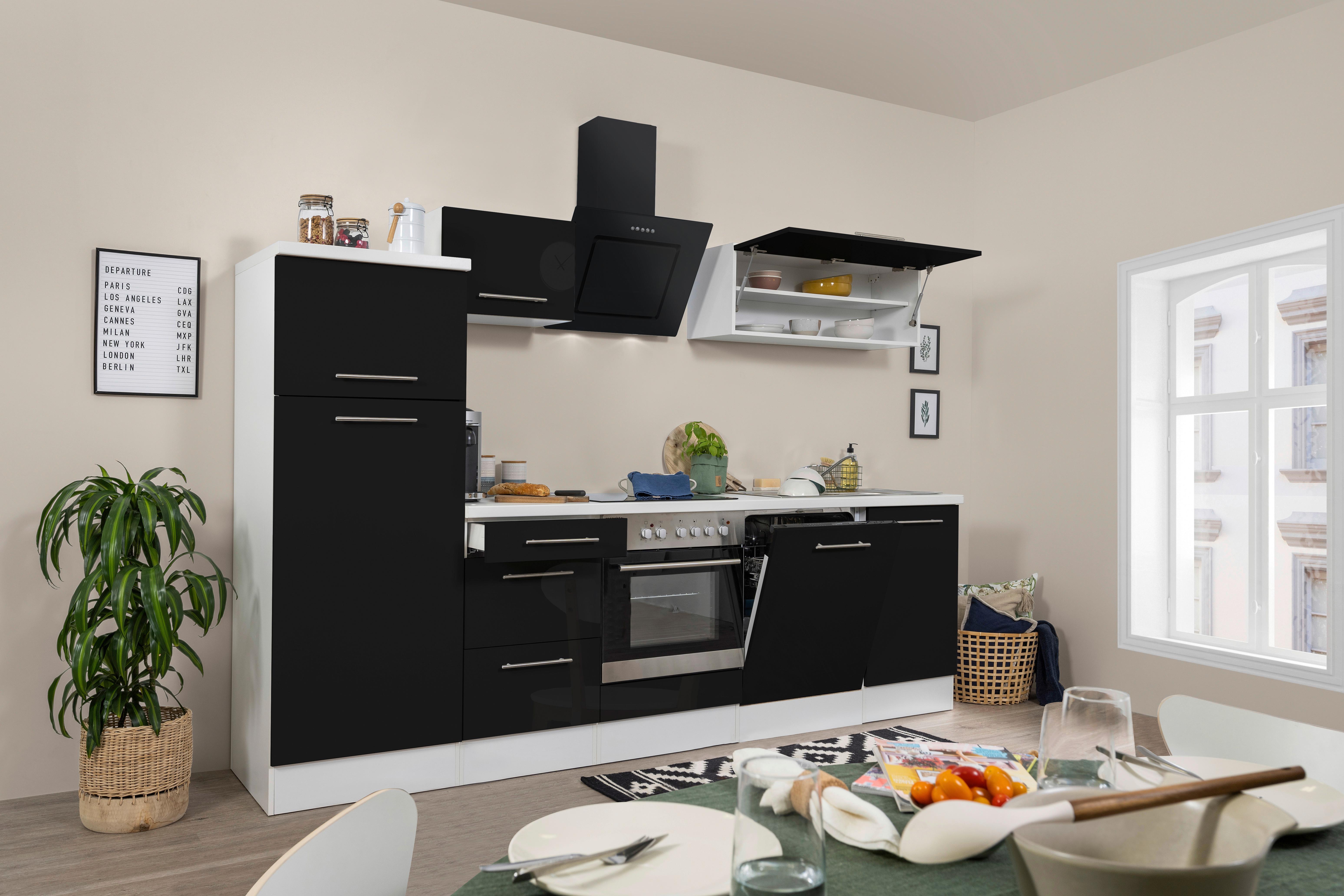 Küchenzeile Mit Geräten 280 Cm Schwarz Hochglanz/weiß - Schwarz/Weiß, KONVENTIONELL, Holzwerkstoff (280cm) - Respekta