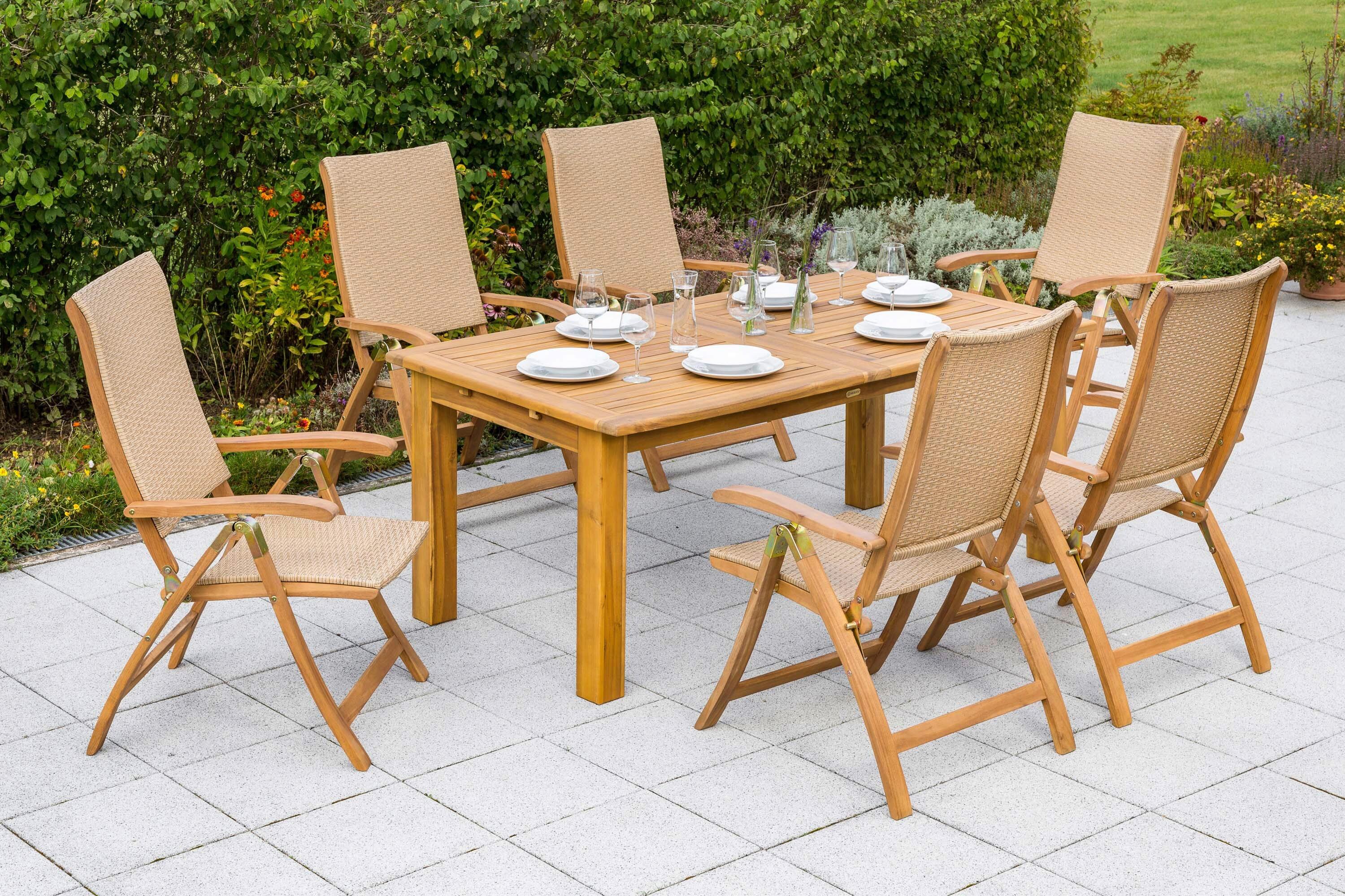 Gartentischgruppe Capri 7--Teilig. Aus Akazie - Naturfarben, KONVENTIONELL, Holz/Kunststoff - Gardenson