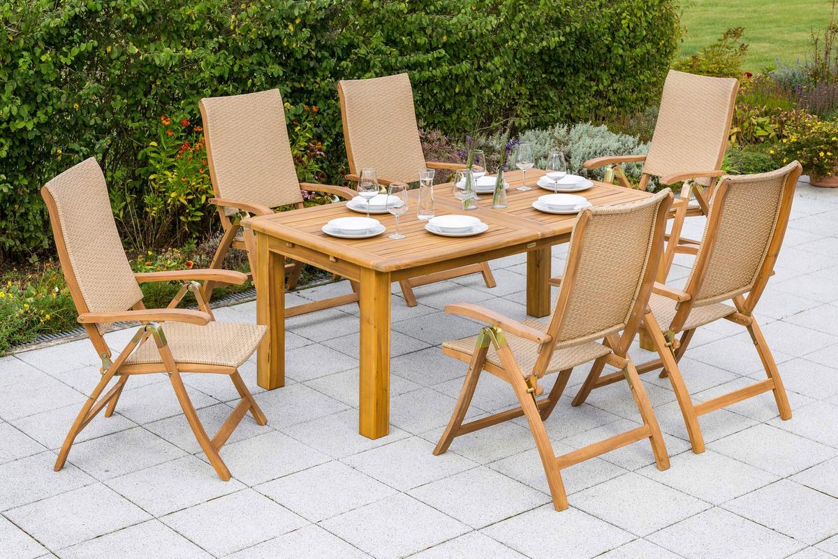 Gartentischgruppe Capri 7--Teilig. Aus Akazie - Naturfarben, KONVENTIONELL, Holz/Kunststoff - Gardenson
